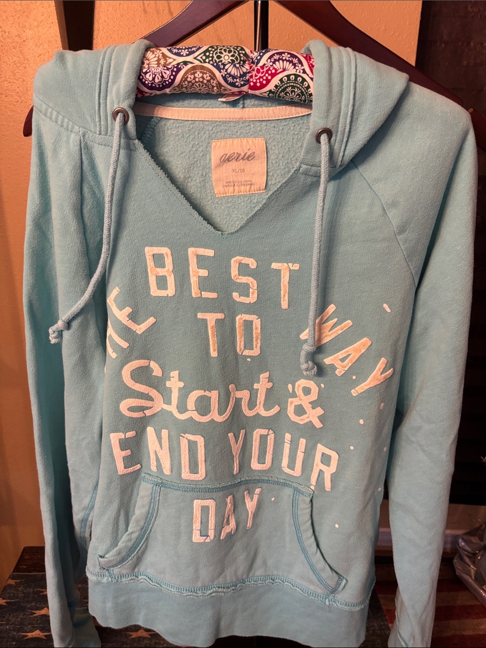 aerie Light Blue Hoodie with White Script Slogan